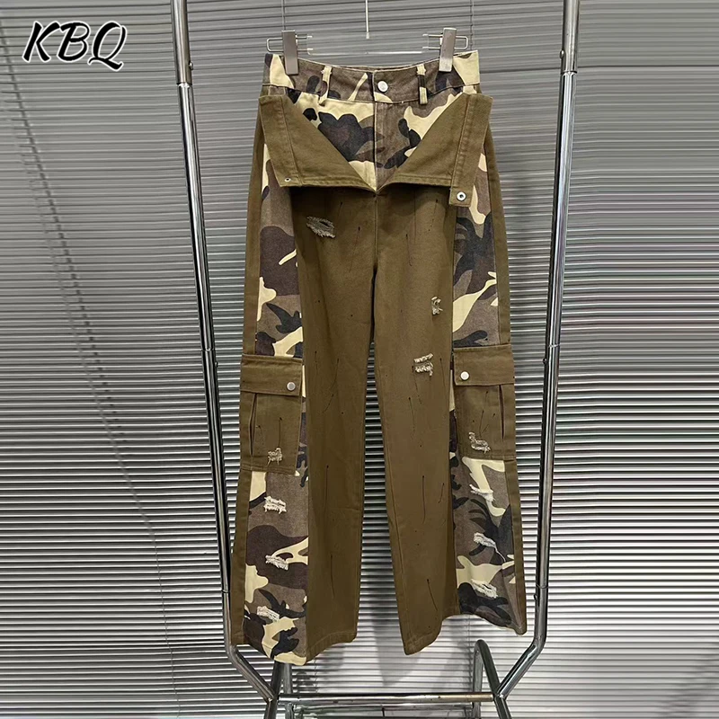 KBQ 히트 컬러 카모플라주 루즈 캐주얼 바지 여성용 하이웨이스트 스플라이스 포켓 카고 팬츠 여성 패션 가을 스타일 신상
