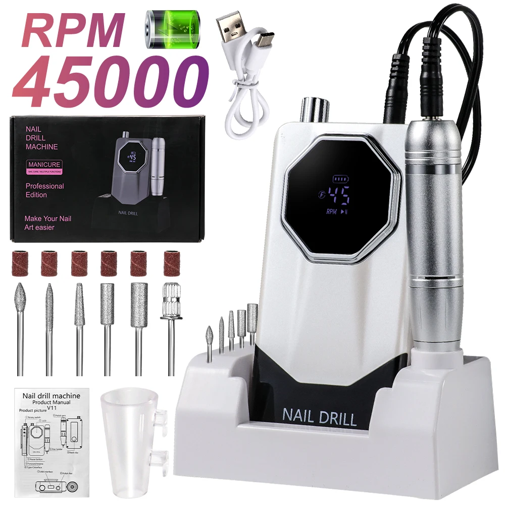 

Electric Nail Drill File 45000RPM Rechargeable Portable Electric Nail File Machine Kit for Acrylic Gel Salon Home Gift Supplies