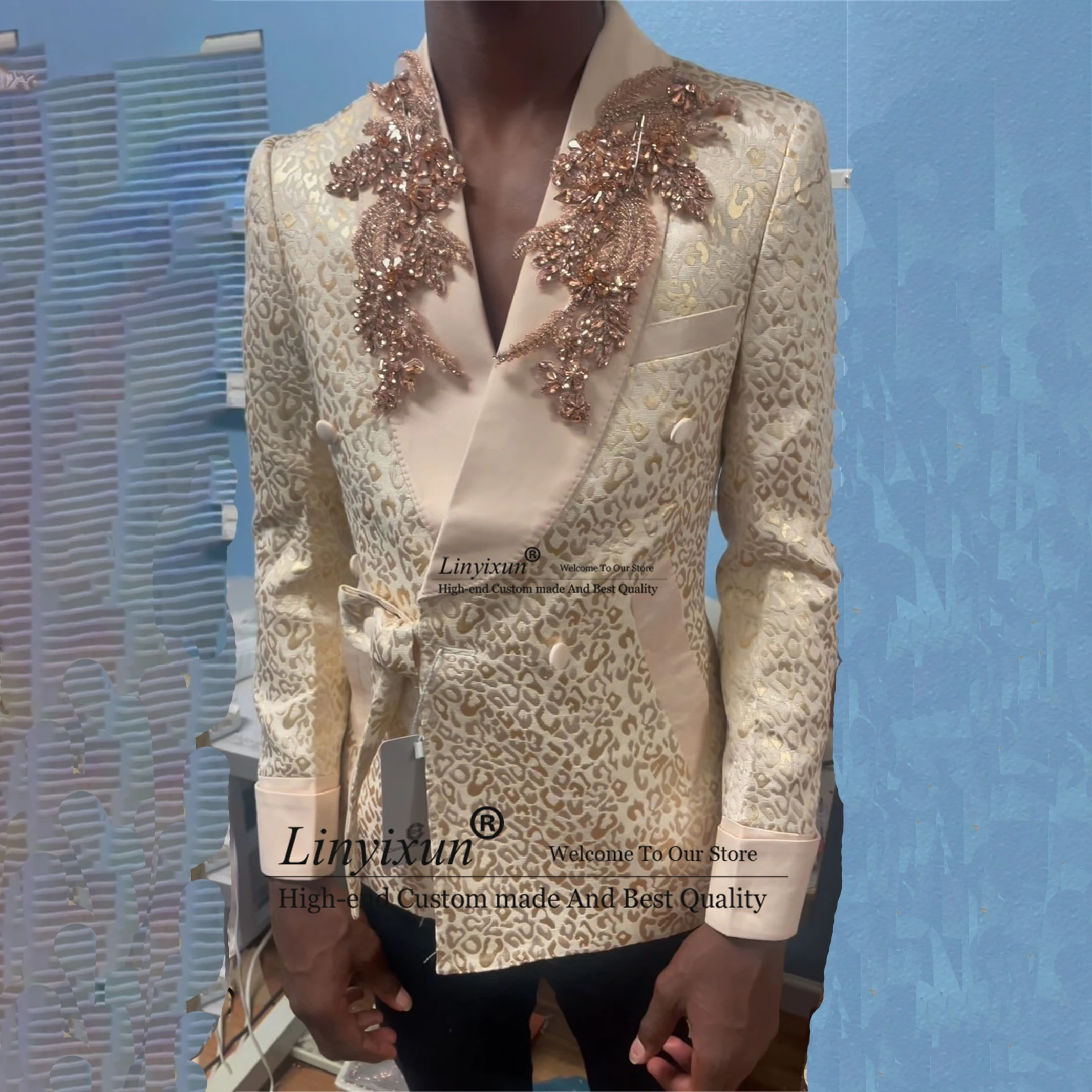 Fashion Jacquard Men Suits Beaded Crystals Wedding Groom Tuxedos 2 Pieces Sets Male Party Blazers Double Breasted Costume Homme