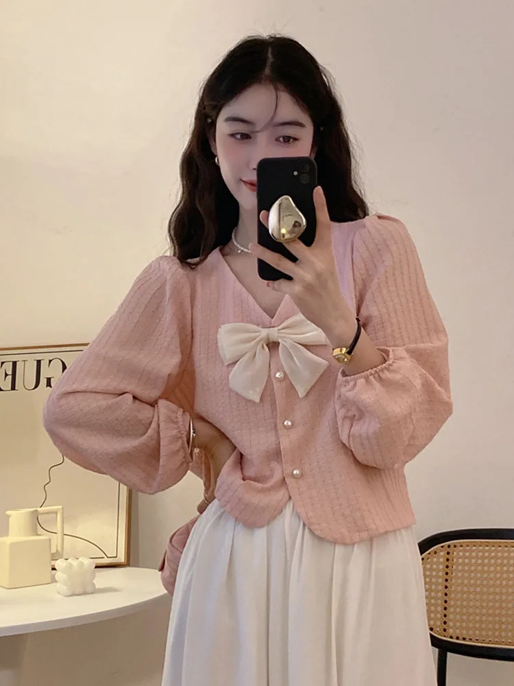 Zoki Sweet Bow Korean Blouse Women Fashion Puff Sleeve V Neck Shirt Casual Loose Preppy Style Female Elegant All Match Fall Tops