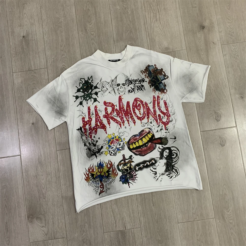 Tie-dyed  HARMONY TEE By French Terry Doodle Skeleton Diamond Print T-shirt T Shirt Men Women Tee Tops T-Shirt