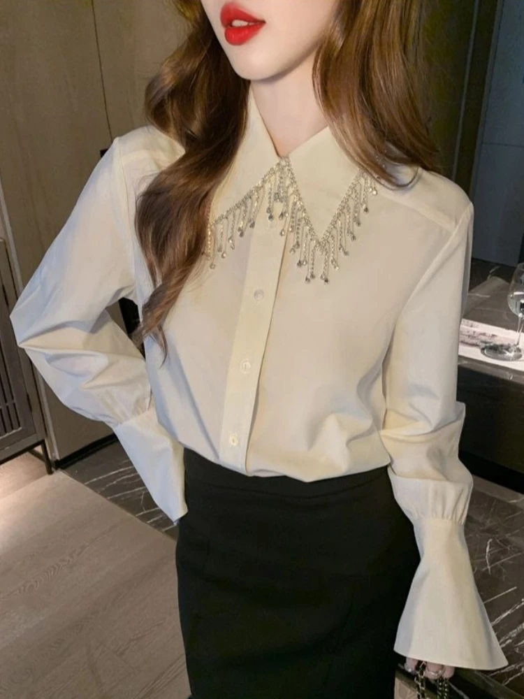 

Модная блузка с бахромой для женщин, шикарная блузка из шифона с длинным рукавом на одной пуговице, стильный топ для весны и осени ​