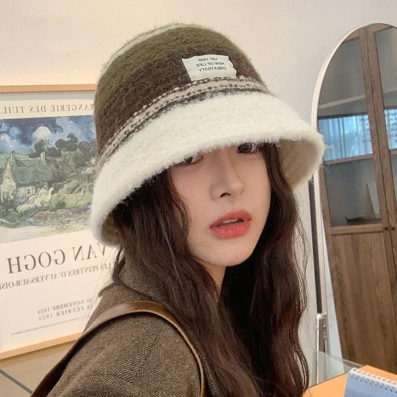 Winter Women Basin Hat Color Blocking Fisherman Hat Warm Bucket Hat Plush Female Style Versatile for Daily Use Girl Decorate