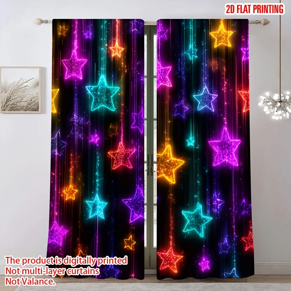 

2D Flat - 2pcs Neon Star Rain Curtains Colorful Light Print Blackout Drape Living Room Bedroom Window Treatment Home Decor