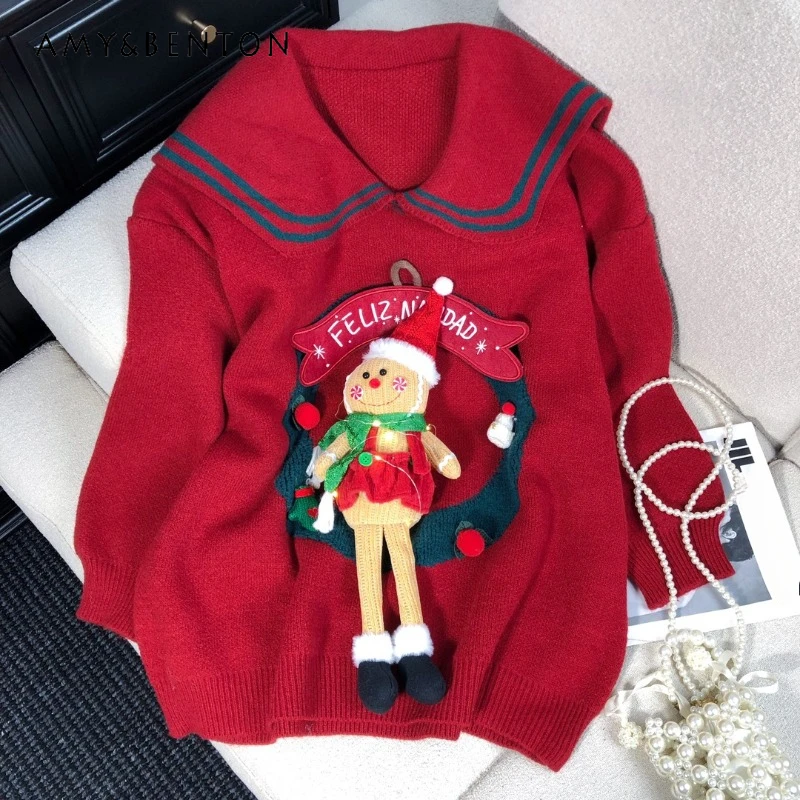 Christmas Navy Collar Age-reducing Pullover Sweater Autumn And Winter New Loose Retro Atmosphere Knitted Jumpers Women's Clothes