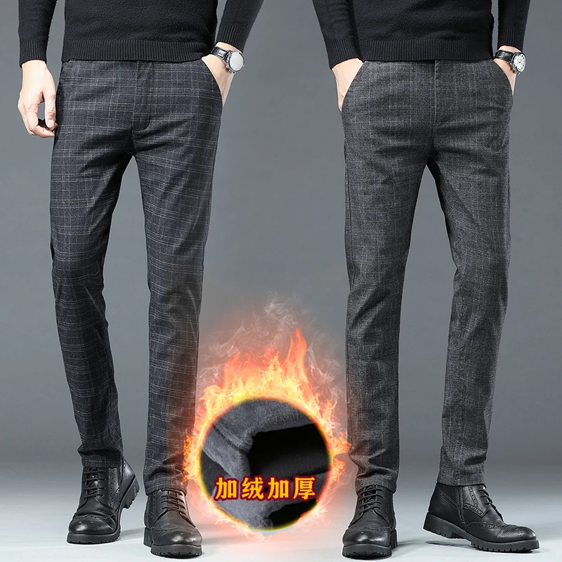 

Winter Fashion Fleece Lined Casual Trousers Mens Straight Fit Long Pants Striped Plaid High Quality Brand Business Trousers