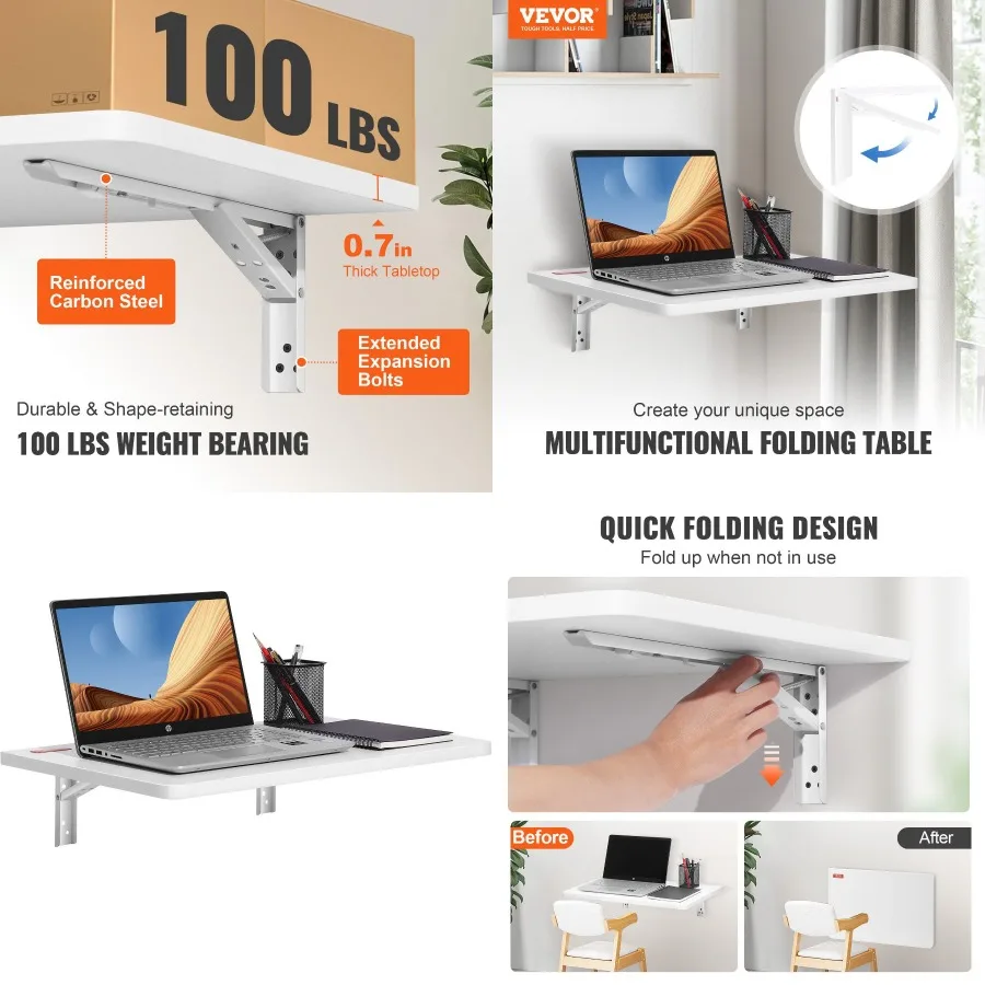 

VEVOR Wall Mounted Folding Table Wall Mount Drop Leaf Tables Wooden Floating Desk for Dining Laundry Room Offi 23.6" x 15.6" Fo