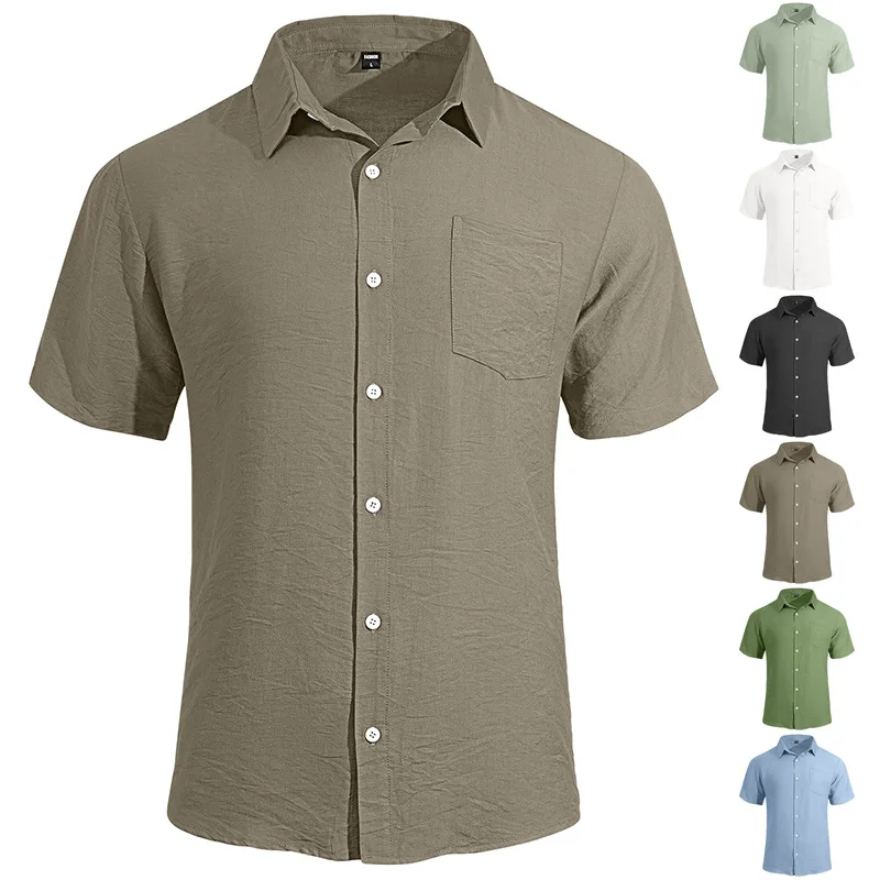 Cross-border Foreign Trade Men's Loose Solid Color Sleeve Lapel Short Sleeve Pocket Cardigan Shirt Cw90546
