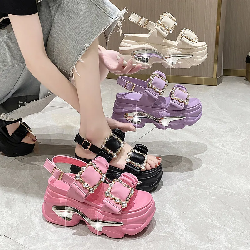 Female Sandal High Heels Black Shoes for Women Muffins shoe Buckle Strap 2023 Summer Open Toe Girls Rhinestone High-heeled Beige