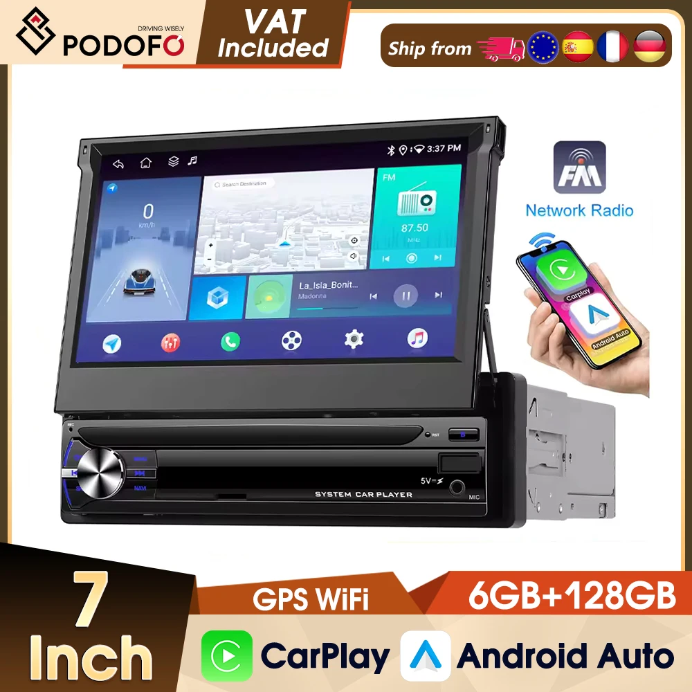 Podofo 1 Din Carplay 6+128G Intelligentes Autosystem Kabelloses Android Auto Carplay 7'' Auto-Multimediaplayer GPS WLAN 4G BT USB