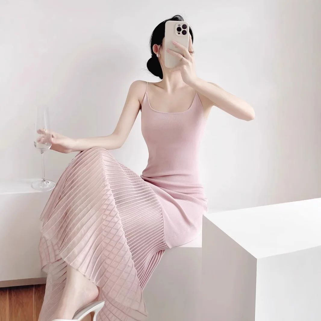 Summer French Backless Ice Silk Knit Dress Pink Camisole Long Dress Bodycon Mermaid Dresses