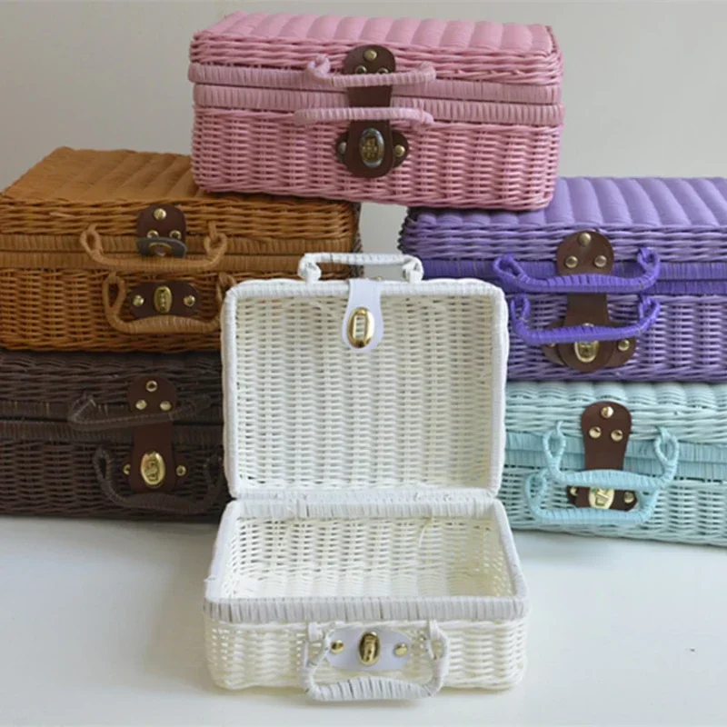 Retro Wicker Suitcase Vintage PP Rattan Picnic Basket with Handle Cosmetic Organizer Gift Box Travel Case Storage Woven