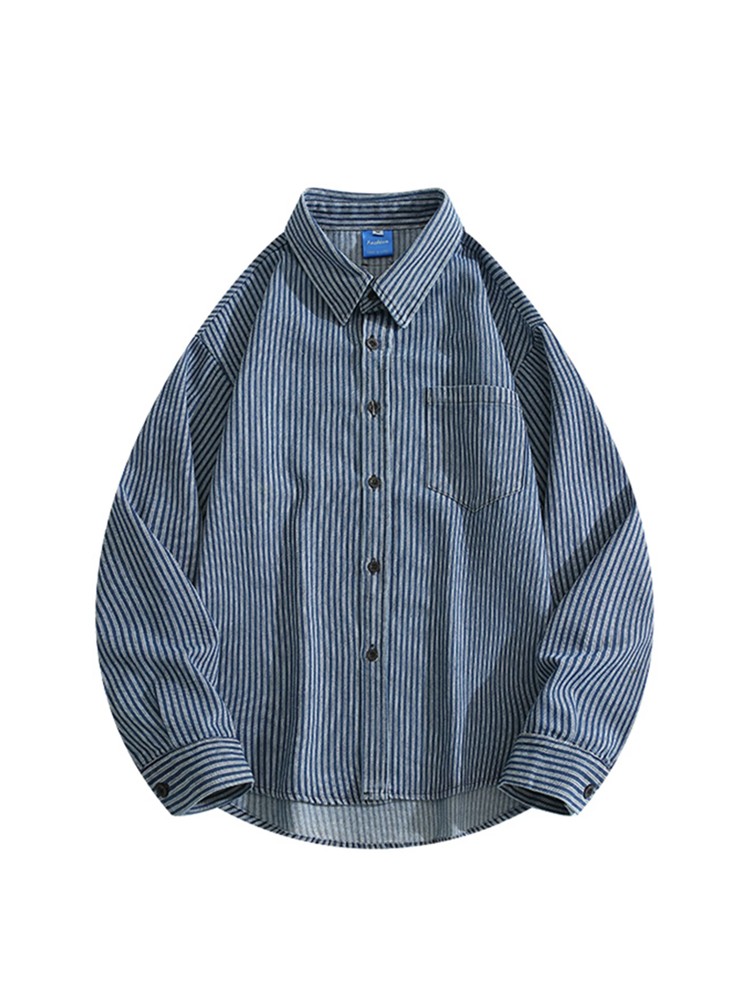

Women's Blue Striped Shirts Blouses Vintage 2000s Aesthetic Long Sleeve Oversize Polo-Neck Shirt Japandi Style Clothes Spring