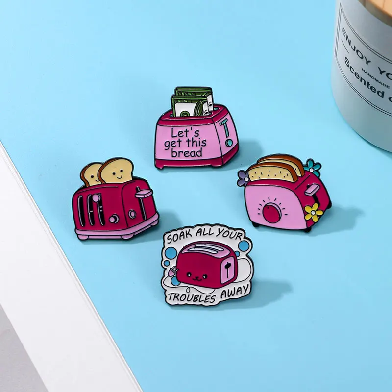 Cute Pink Bread Machine Theme Pins Letter Soak All Your Troubles Away Enamel Brooches Cheap Women Jewelry Wholesale