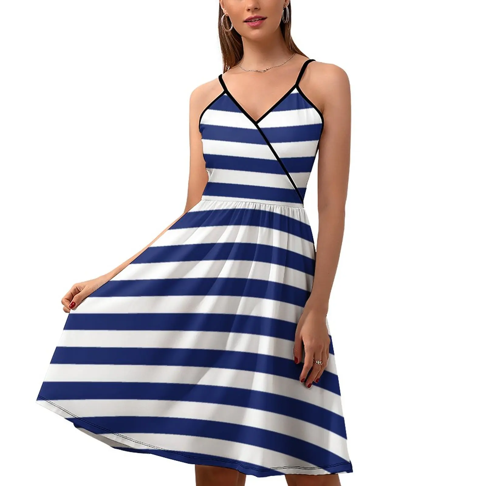 Retro Nautical Dress Women Navy Blue White Stripe Sexy Dresses Summer Spaghetti Strap Korean Fashion Print Casual Dress Big Size