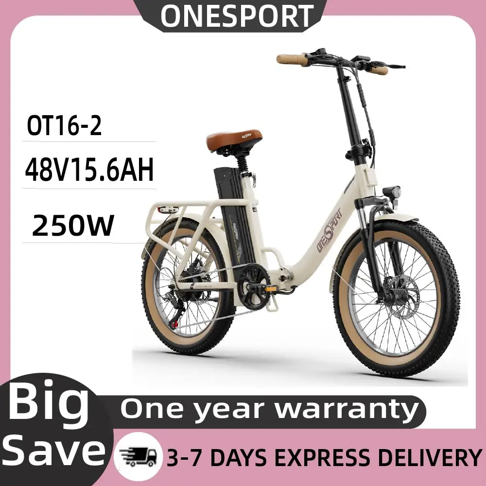 Vélo électrique ONESPORT OT16-2, moteur 250 W, batterie 48 V 15,6 Ah, pneus 20", vitesse maximale 25 km/h, portée 120 km, freins à disque mécaniques