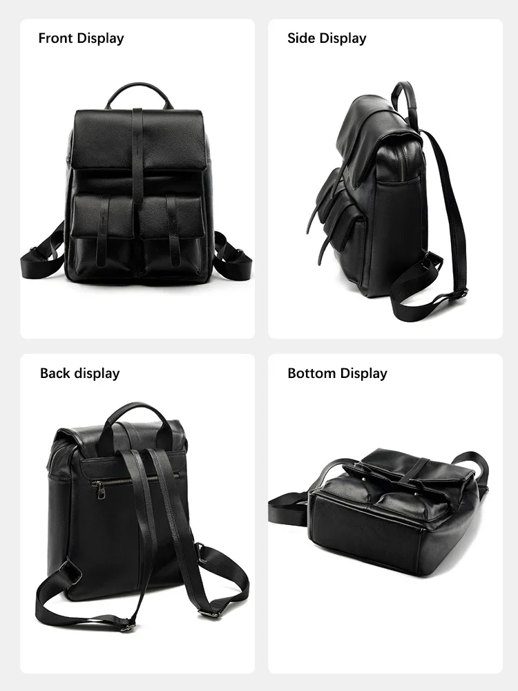 Zency Soft Women's Genuine Leather Multi-functional Travel Backpack Large Capacity Shoulder Classic Black Back Knapsack Bag