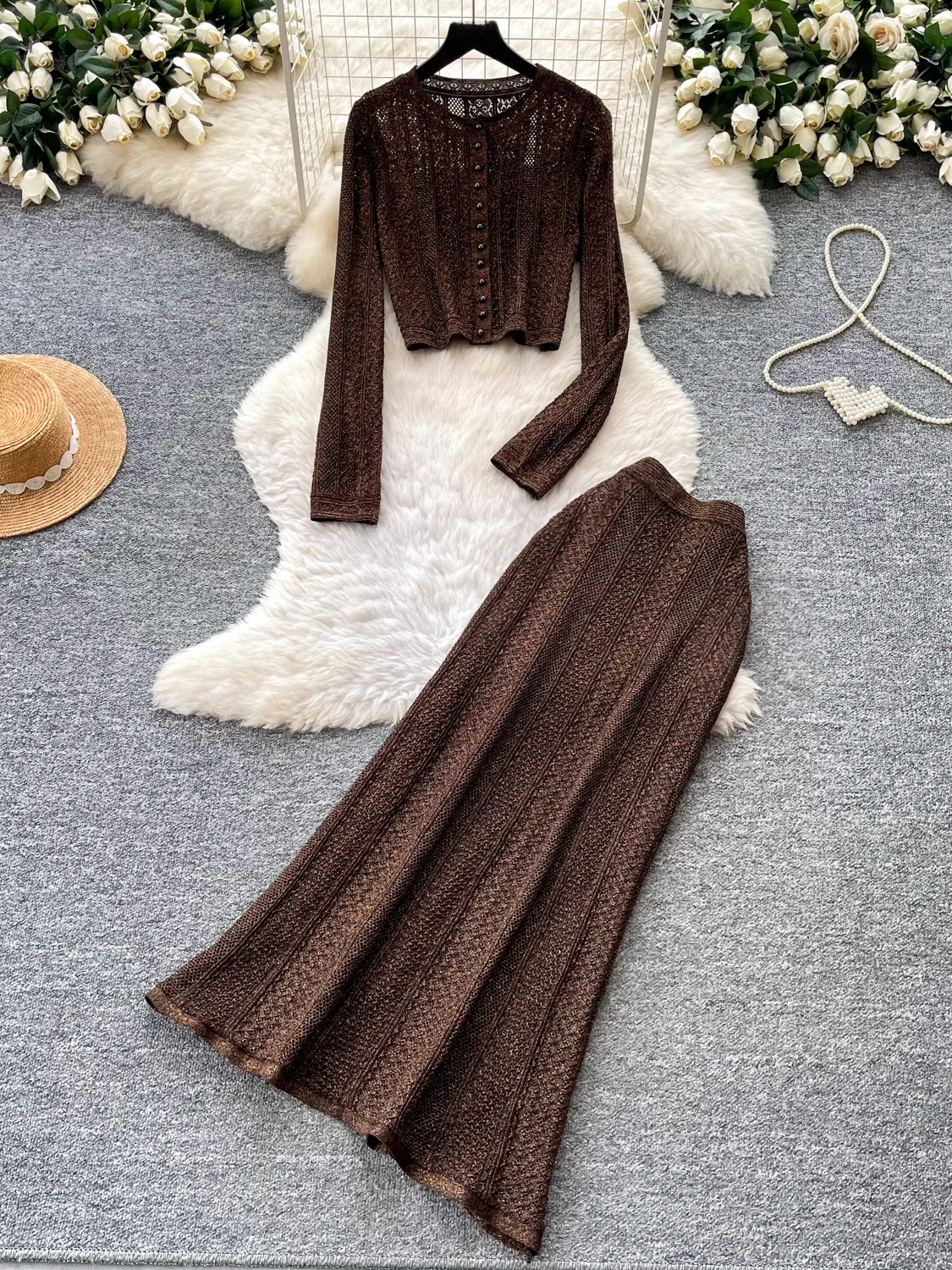 Women's Knitted Open Cardigan High Waist  Skirt Two-Piece Set Fashionable Commute Style Autumn Slim Fit Casual Outfit