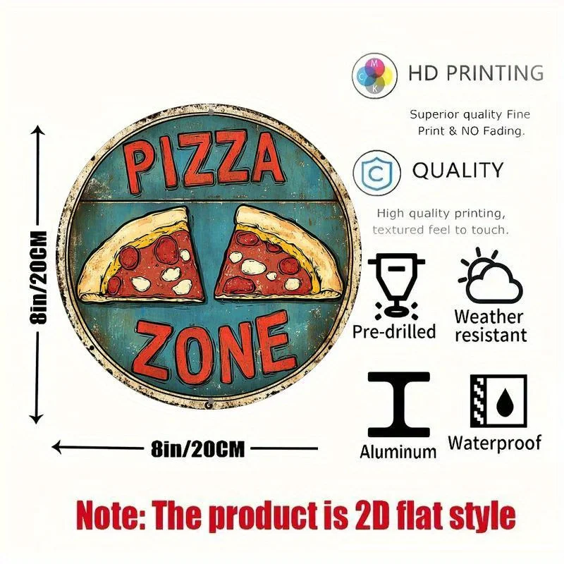 1PC Pizza Zone Vintage Round Metal Tin Sign, Distressed Pizza Slice Art Plaque, 2D Flat Wall Decor For Restaurant Kitchen Diner