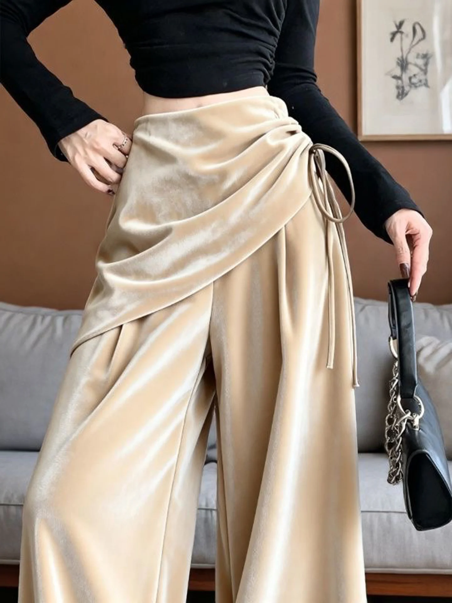 Khaki Velvet Belted Wide Leg Pants Women's Loose Slimming Drapey Soft Lazy Style Casual Trousers High Waist Tied Rope