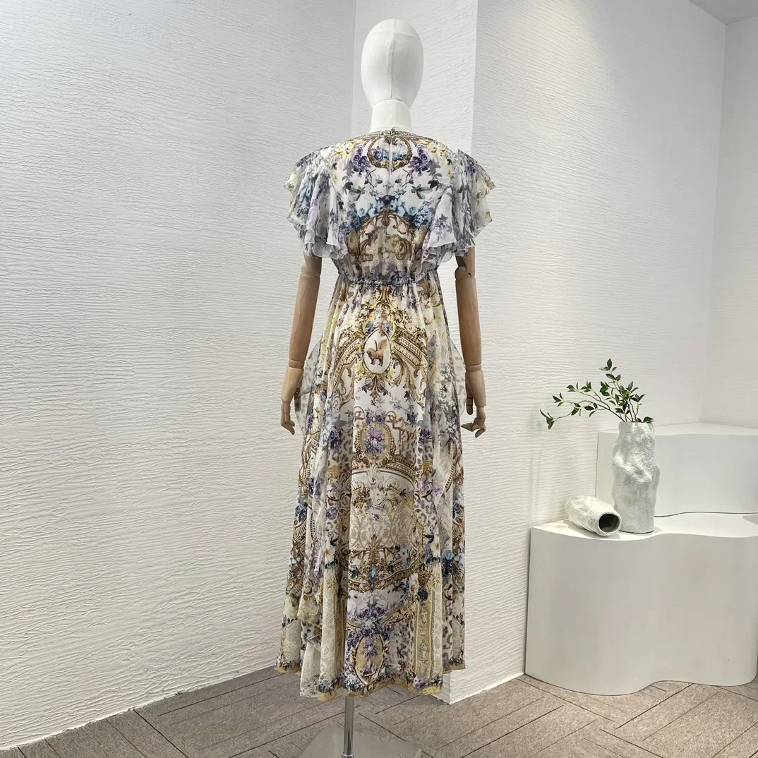 Floral Print Silk Cascading Ruffles Short Sleeve Diamonds 2024 New High Quality Midi Dress for Women