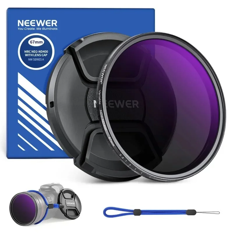 

67mm ND2-400 Variable ND Filter with Lens Cap, Lanyard, Cleaning Cloth, Precise Neutral Density Adjustment Optical Glass