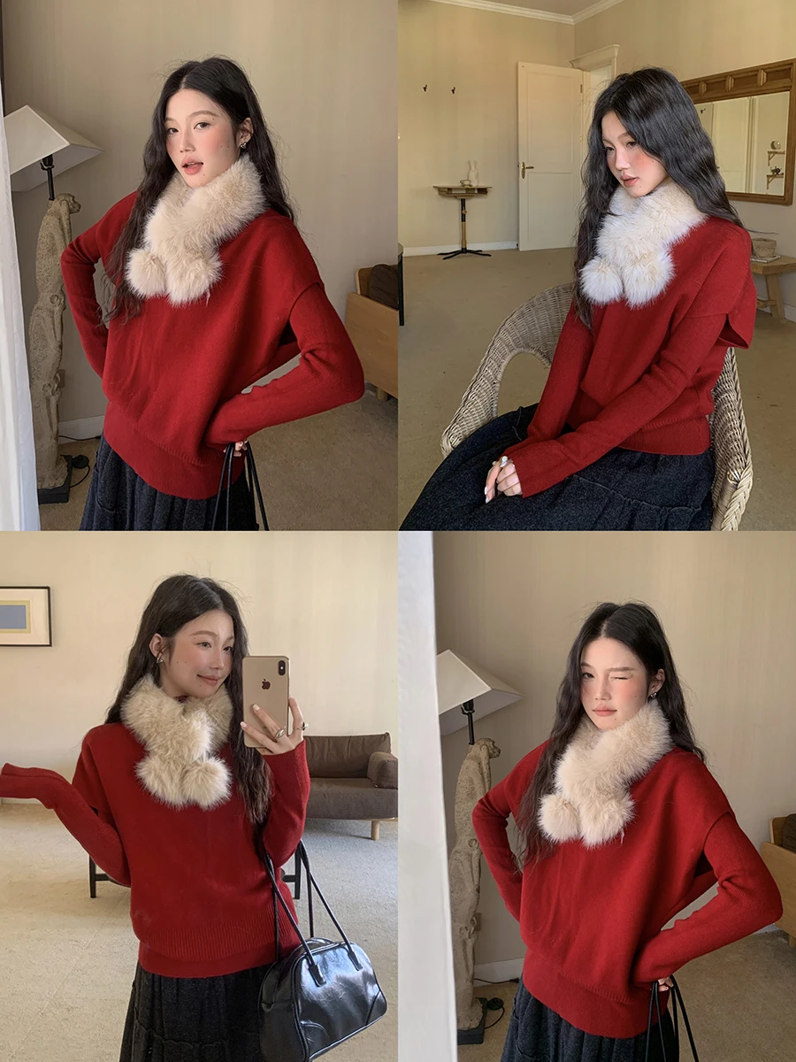 

Linyunyun Red Knitted Sweater Set with Fur Collar Casual Loose Fit Soft Knit Fashionable Top for Women Two-Piece Ensemble