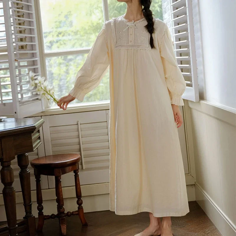 Women Spring Autumn Long Sleeve Sleepwear Princess Nightwear Embroider Vintage Loose Nightgown Victorian Pure Cotton Night Dress