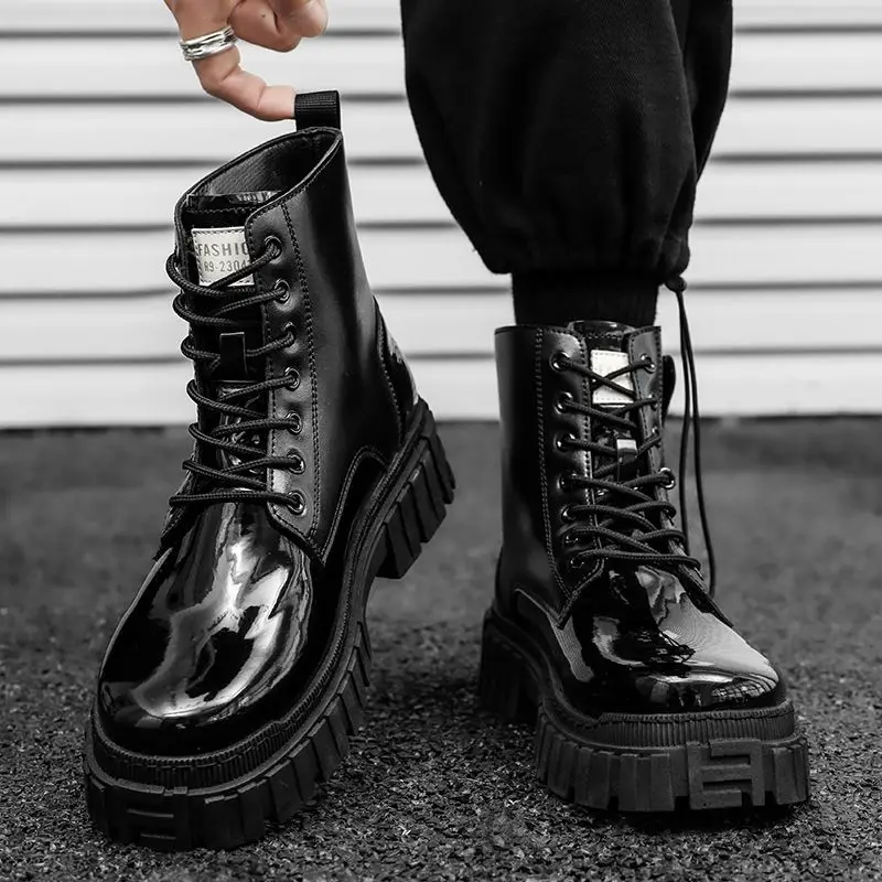 High Cut Boots for Men Leather Waterproof Punk Black Man Shoes Cheap Offer Low Price Hot Selling Non Slip Trendy 2025 Vintage