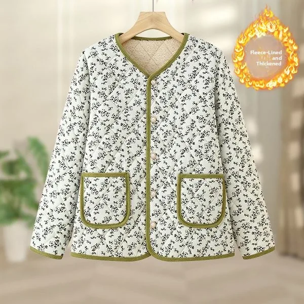 سترة قطنية زهرية جديدة لعام 2025، قصيرة ومبطنة، ملابس خريفية وشتوية للنساء في منتصف العمر، أسلوب عصري للأمهات مبطن بالصوف