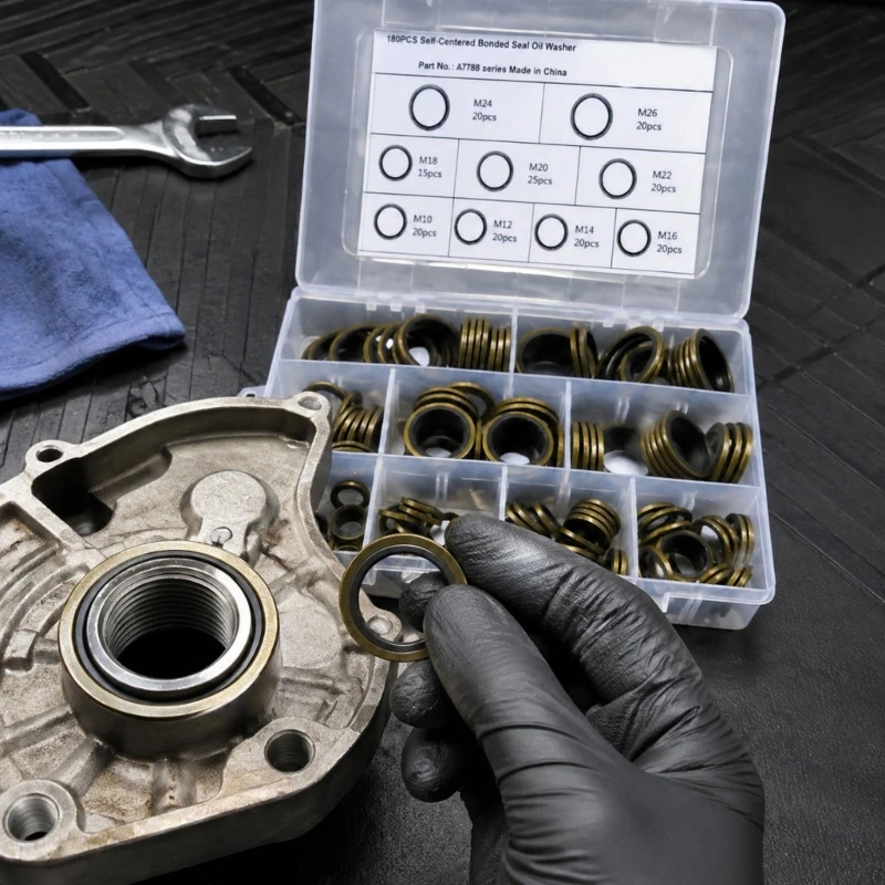Sealing Washer Assortment, 110-Piece Metal Outer and Rubber Inner Washer Set in a Compartmented Case for Automotive Powertrain