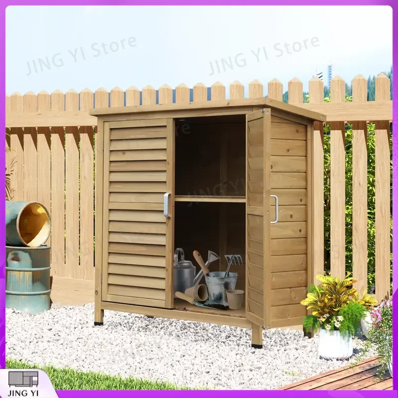 Wooden Garden Storage Shed 2 Door Tool Organization Cabinet Solid Fir Wood Garage Storage Unit for Lawn Mower Garden Tools