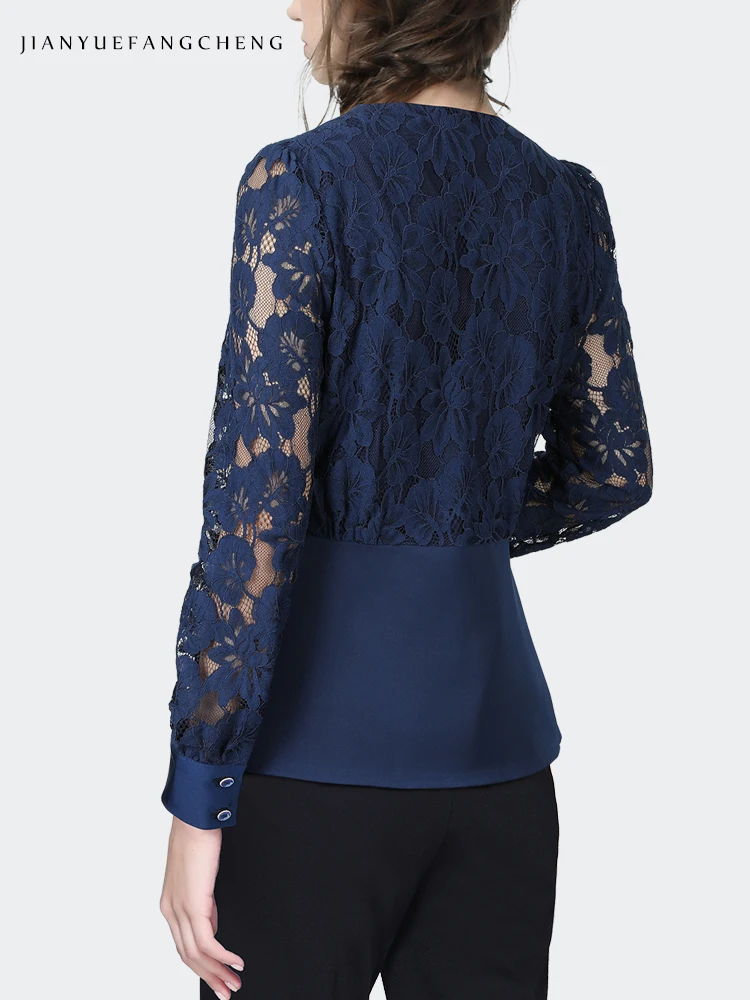 Fashion Hook Flower Hollow Women Blue Lace Top Long Sleeve V-neck Button-down Shirt Elegant Slimming Fit Vintage Casual Blouses