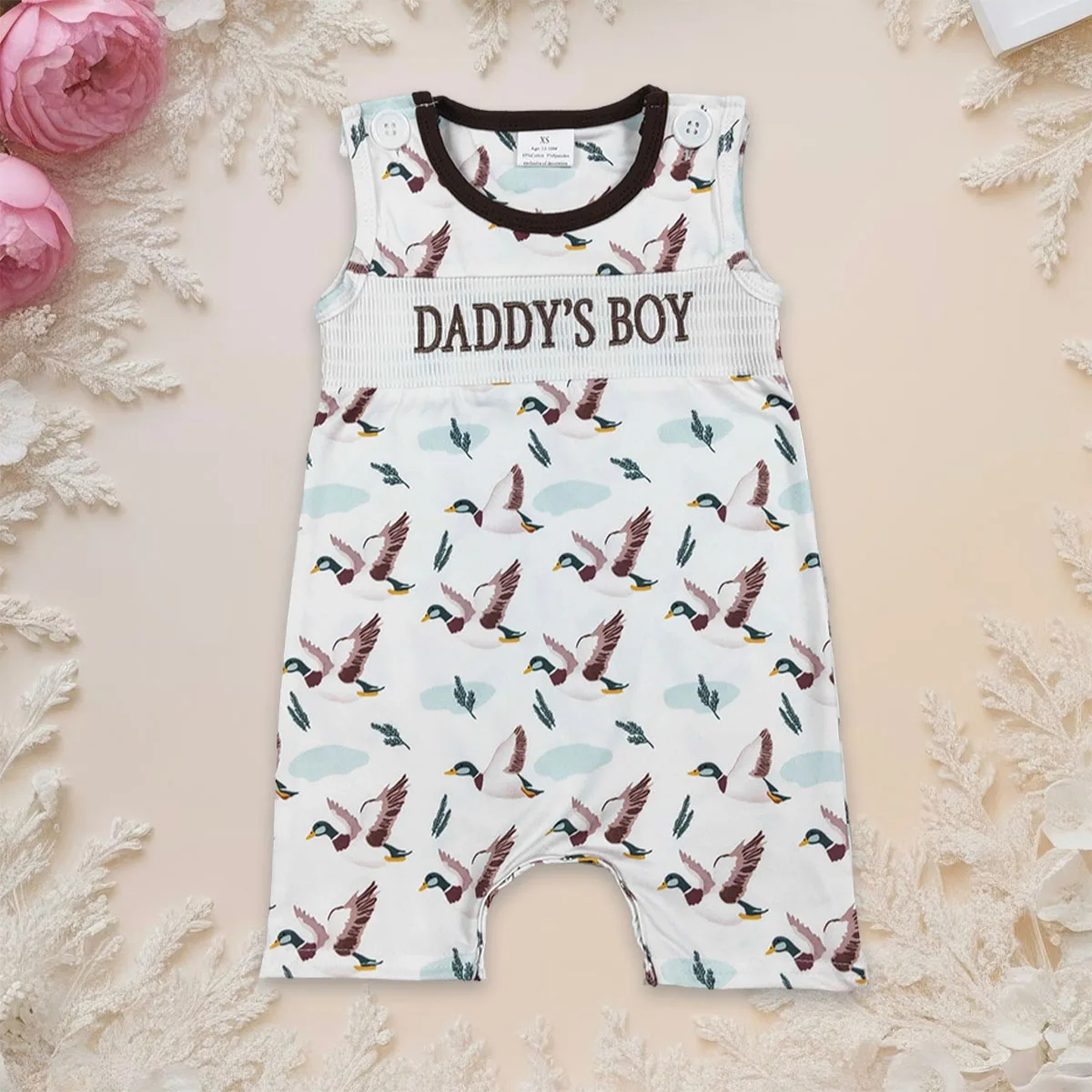 Newborn Baby Boy Sleeveless Smocked Daddy's Boy Ducks Hunting Bubble Romper Infant Bodysuit Toddler Jumpsuit Children Clothing