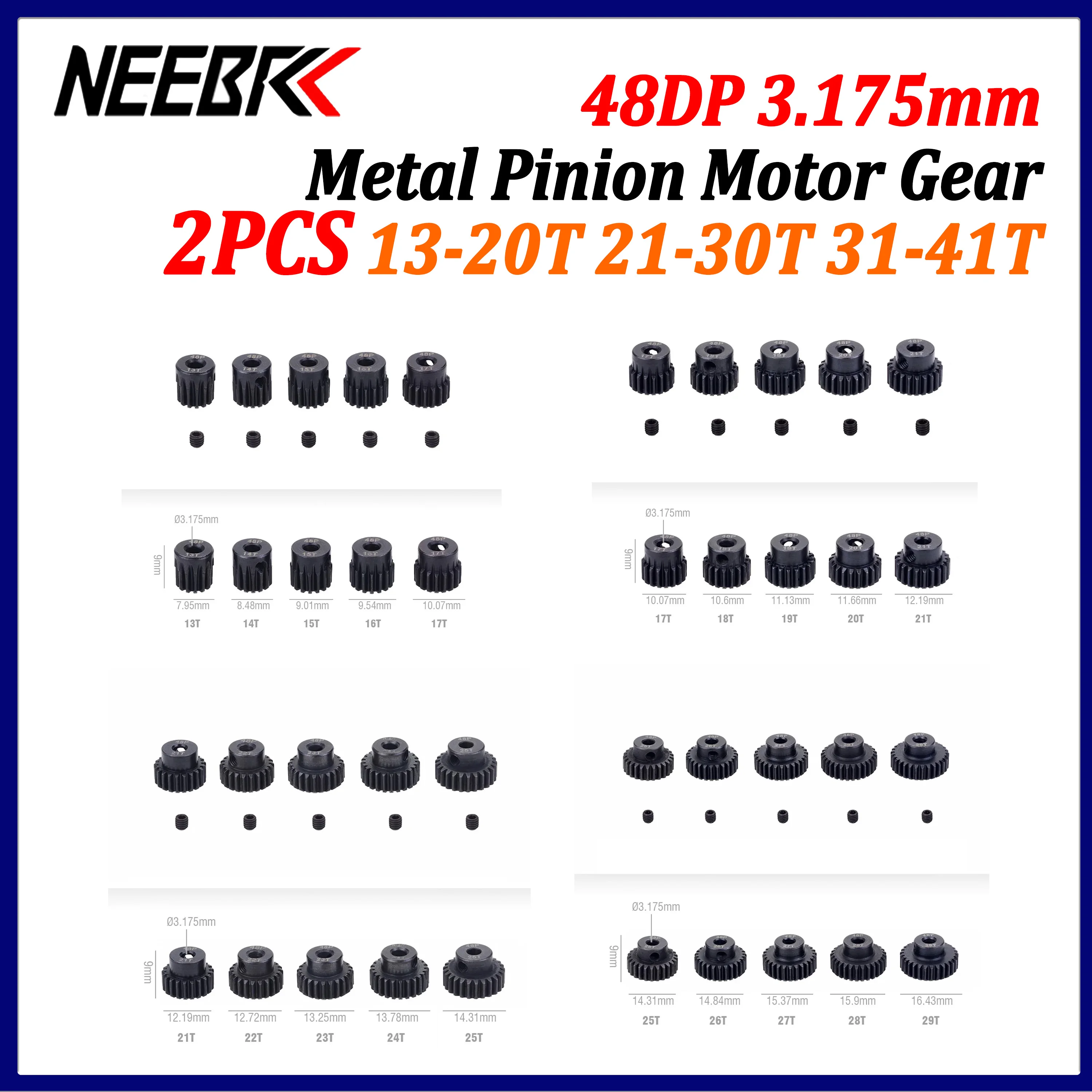 NEEBRC 48DP 3.175mm Shaft Metal Pinion Motor Gear 13T-20T 21T-30T 31-41T for 1/10 RC Car Crawler Drift Buggy Truck Upgrade Parts