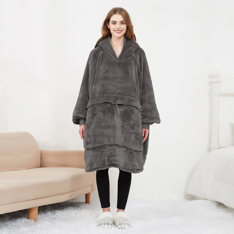 Fleece Sweatshirt Pajamas Heated Hooded Lazy Blanket Flannel Double-layer Thickened Heated Wearable Blanket