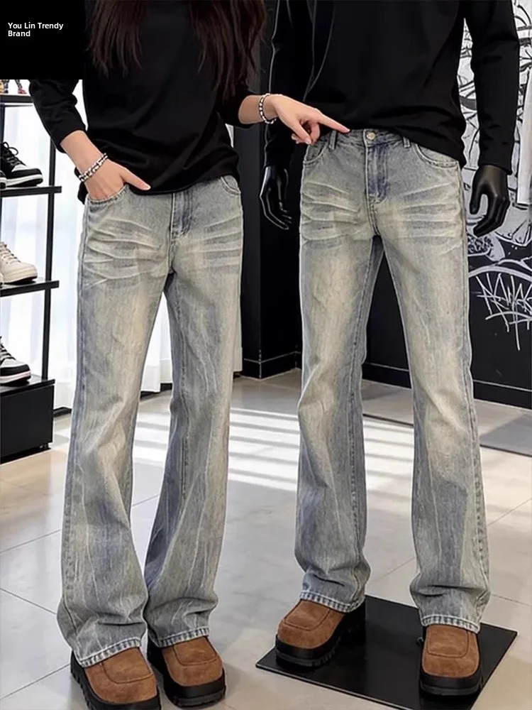 

Light Blue Waed Micro Flared Jeans Men's Spring Slimming Straight Leg Jeans High Waist Zipper Closure Casual Daily Wear