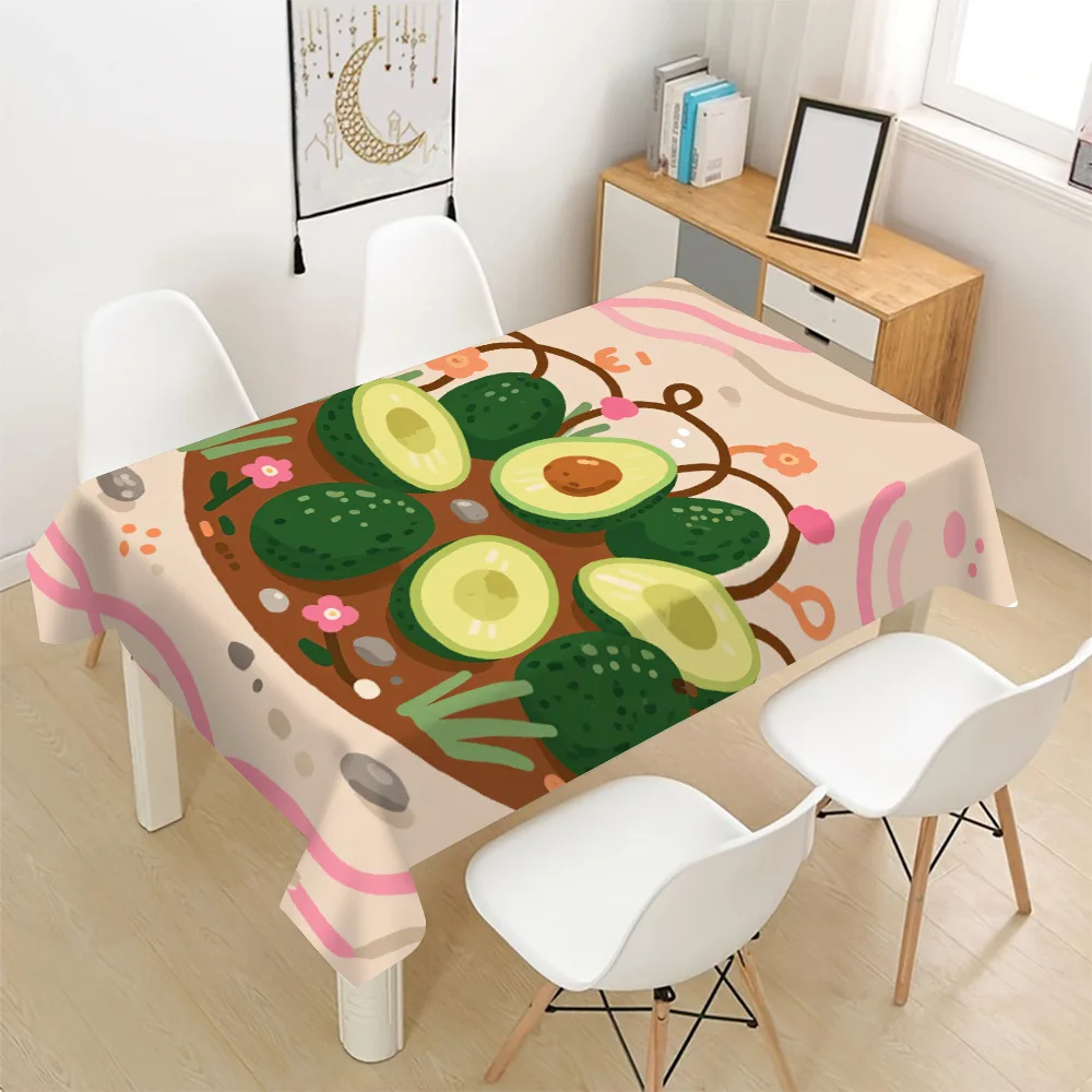 Avocado Fruit Tablecloth, Beige Background With Plant Flower Pattern, Waterproof Table Cover for Daily Meals & Home Party Use
