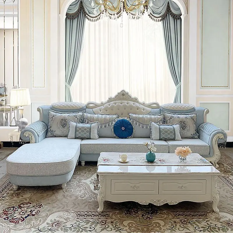 Leather sofa American light luxury solid wood carving flower sofa living room European sofa living room