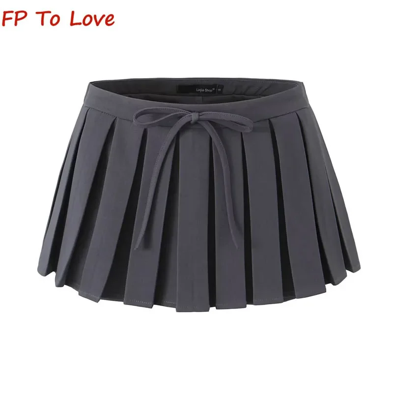 Y2K Black College Style Low Waist Pleated Skirt Grey Women Anti-Walking Bow Tie White A-Line Short Skirt