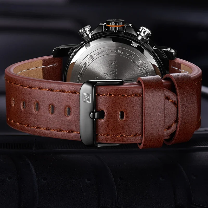 NAVIFORCE – Montre de sport pour homme, marque de luxe en cuir, à Quartz et affichage numérique LED, horloge étanche et style militaire pour