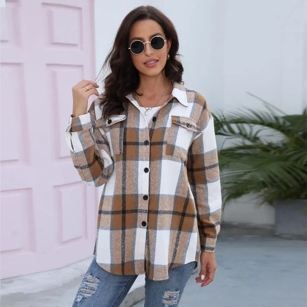 

British Style Plaid Woolen Shirt Cardigan Long Lantern Sleeve Women's Casual Fashion Winter Coat Elegant Ladylike