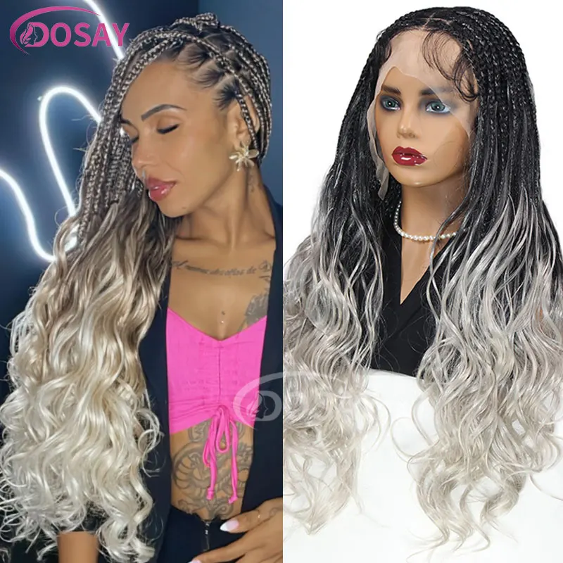 

Ombre Grey Box Braided Wigs Synthetic French Curls Braiding Wig Cornrows Braids Wig Faux Locs 26" Goddess River Locs Braid Wigs