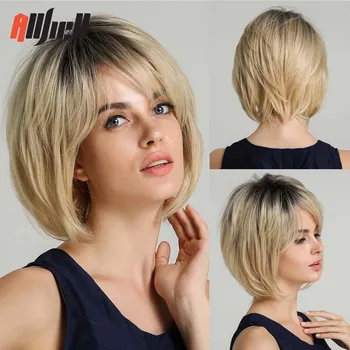 Brązowa blond Ombre mieszanka ludzkich włosów z czarnymi korzeniami krótkie proste peruki syntetyczne Bob z 30% Remy ludzkich włosów dla dziewcząt