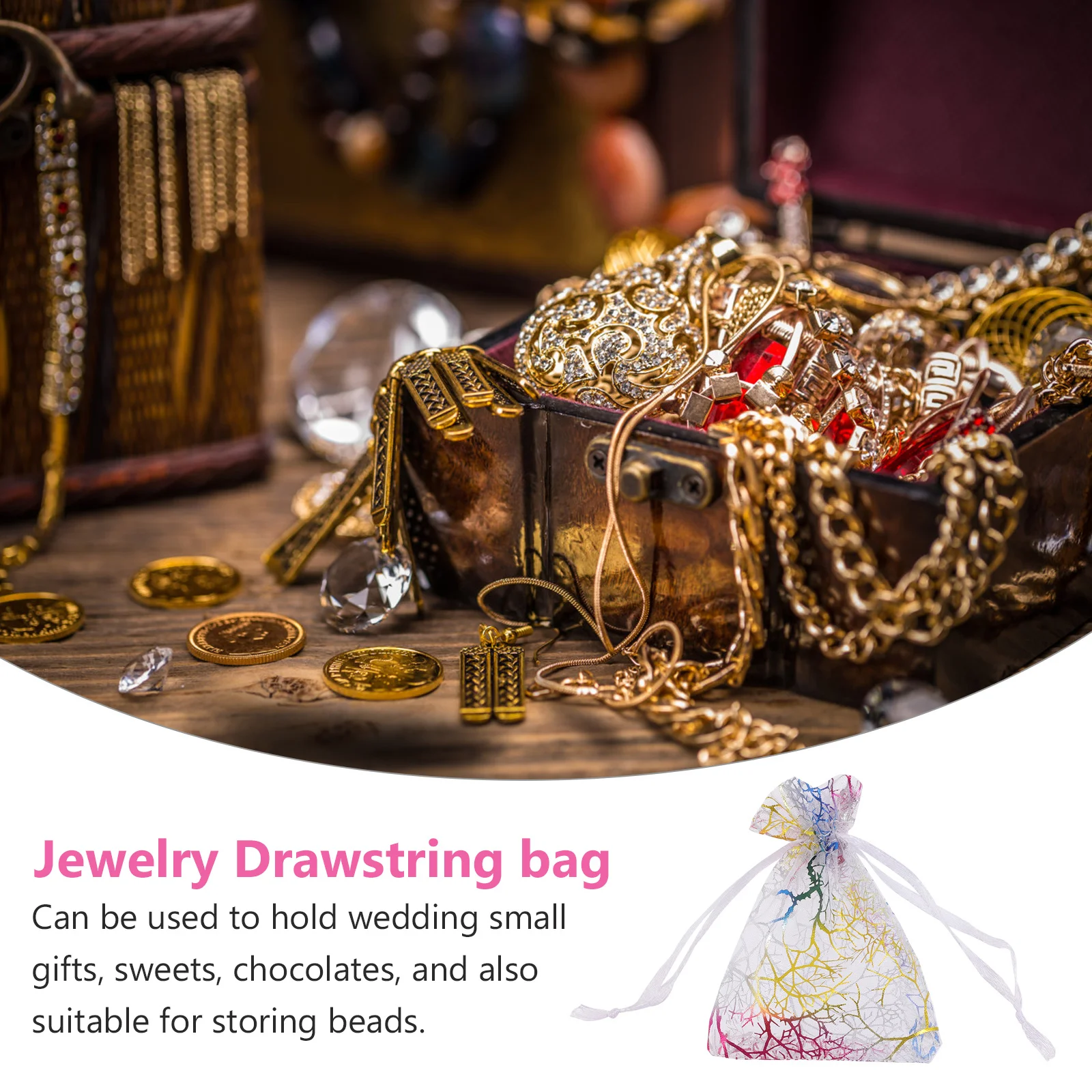 

100Pcs Organza Gift Bags Gold Stamping Drawstring Pouches for Wedding Birthday Party Small Jewelry Treat Storage Pouches