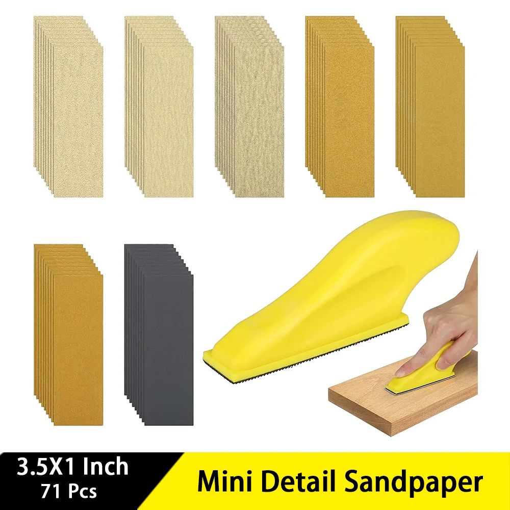 

3.5x1 Inch Mini Detail Sandpaper 71 Pcs Wet and Dry Sanding Paper Assorted 80/120/180/240/400/1000/1500 Grit for Wood Polishing