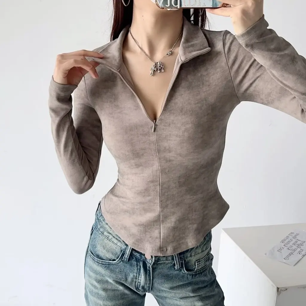 

Women's Brushed Dyed Half Zipper Long-Sleeved T-Shirt Slimming Bottoming Top for Early Spring Ins Style