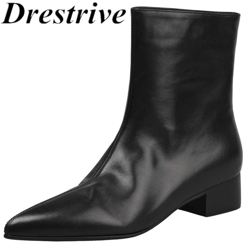 

Drestrive New Top Quality 2025 Handmade Women's Ankle Boots Pointed Toe Slip On Thick Low Heels Cow Leather Winter Shoes