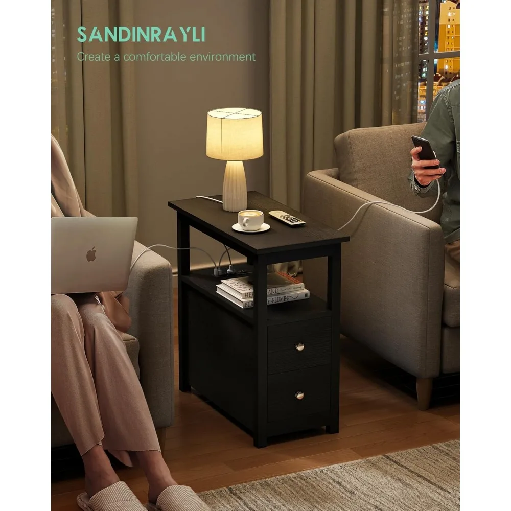 طقم طاولة جانبية للسرير من Sandinrayli مكون من قطعتين، طاولة نهائية سوداء لغرفة المعيشة، طاولات جانبية مع قاعدة شحن، منضدة مع 2 USB Po