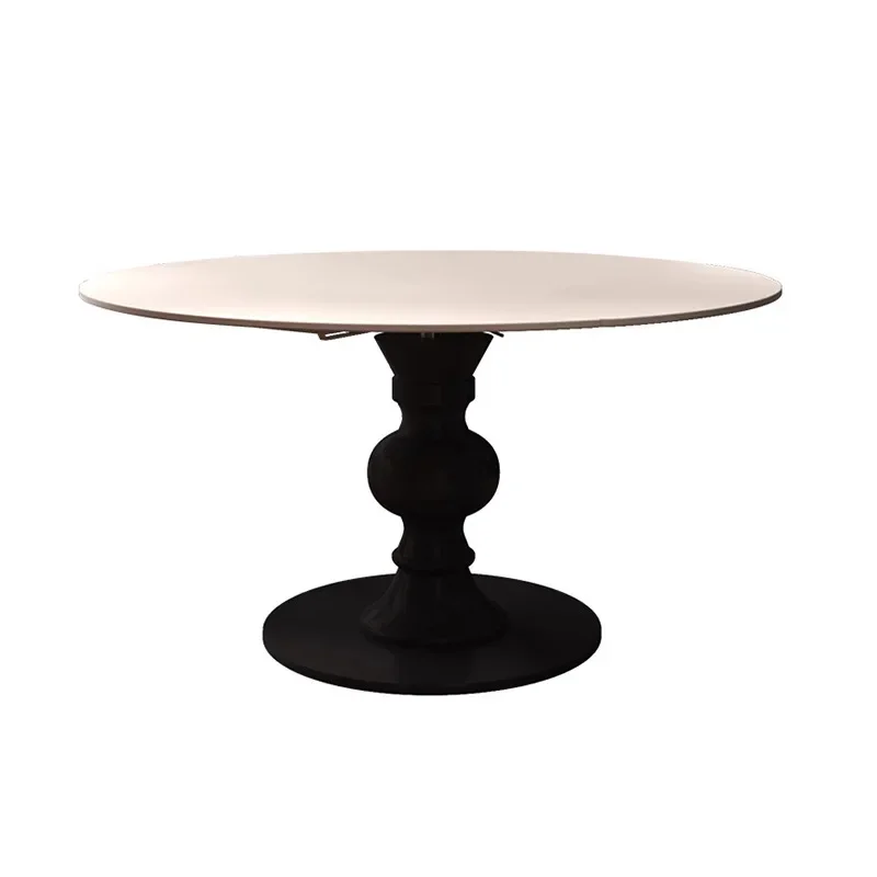 

French retro retractable rock slab rotating dining table variable round table dual-purpose folding black